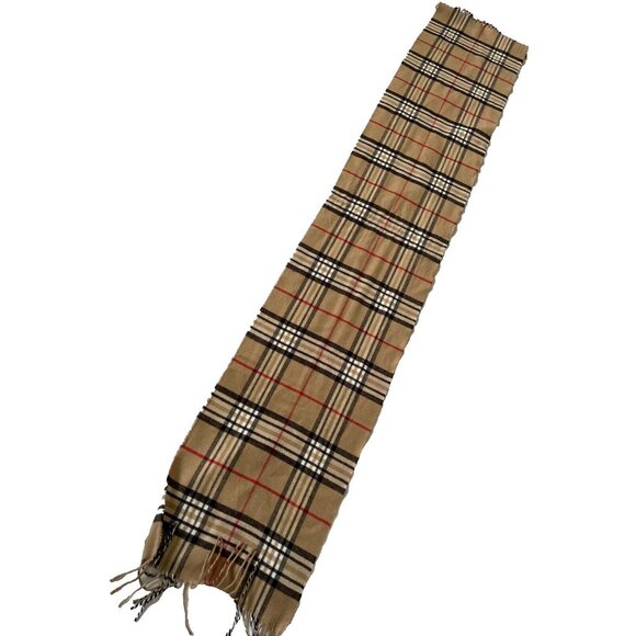 Beige Plaid Scarf 20% Cashmere 80% Viscose With Fringe Trim Soft Warm Unisex - Picture 1 of 5
